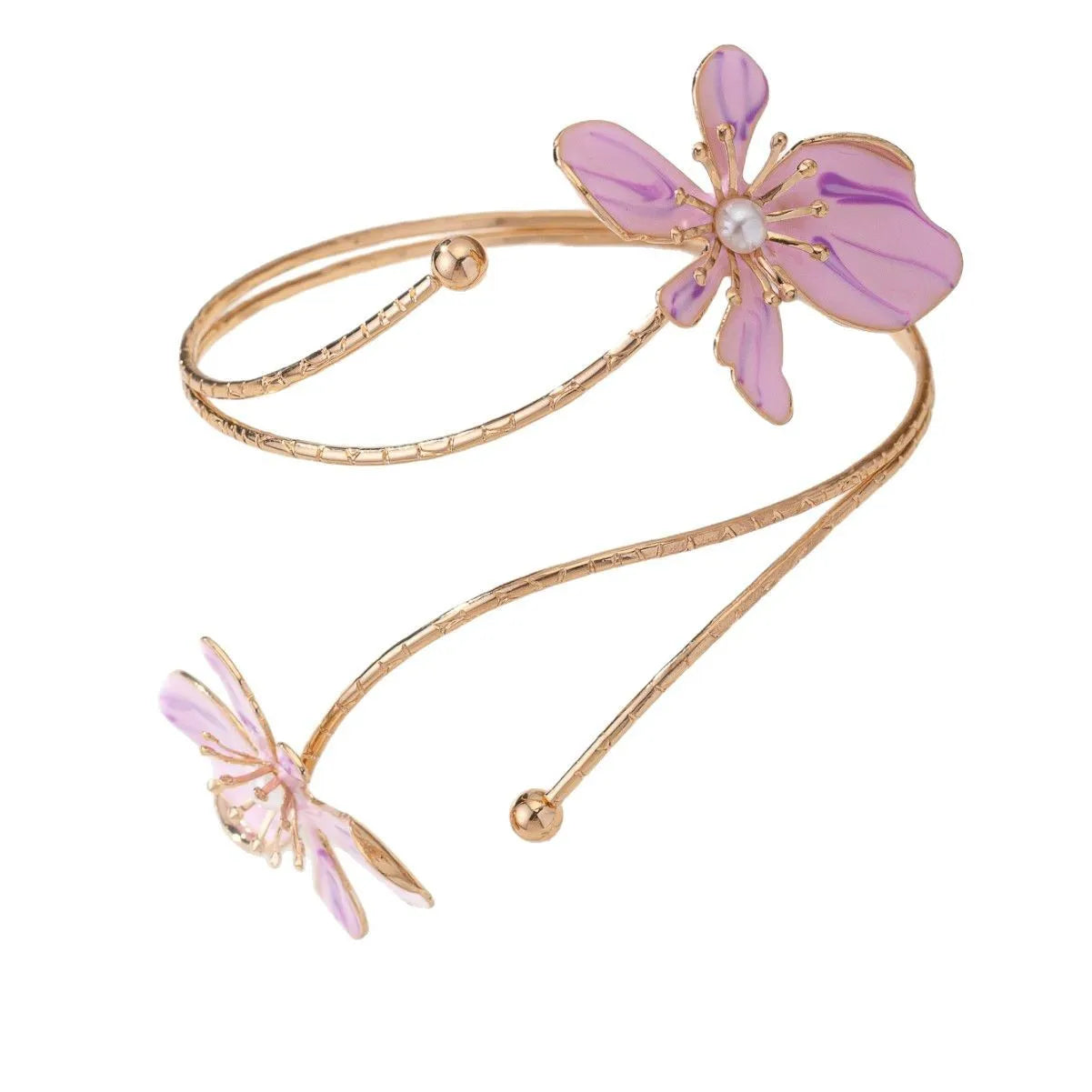 Adjustable pink alloy armband with hollow linear pattern, shown on a wrist.