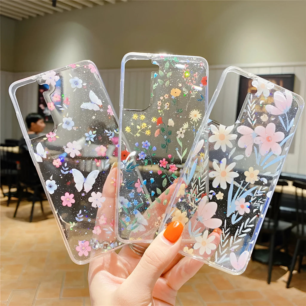 Fashion minimalist floral TPU phone case with drip rubber detailing in multiple colours for Samsung models
