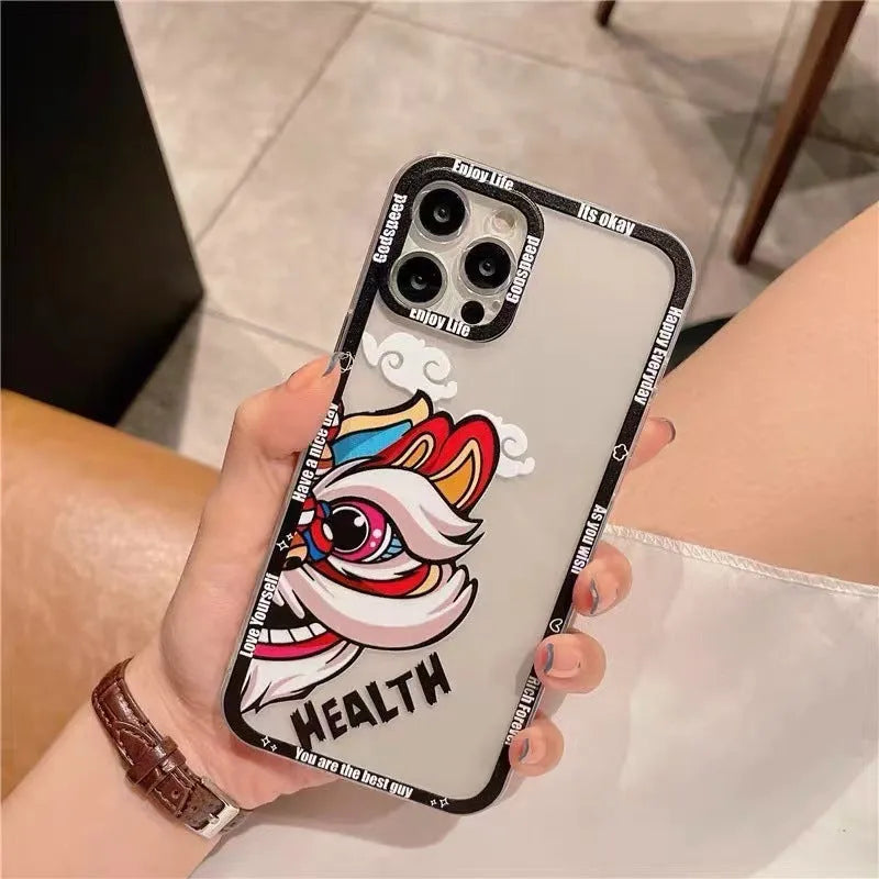 Lion dance hand-painted TPU phone case for Apple iPhone with transparent straight edge and Angel Eyes design in black frame