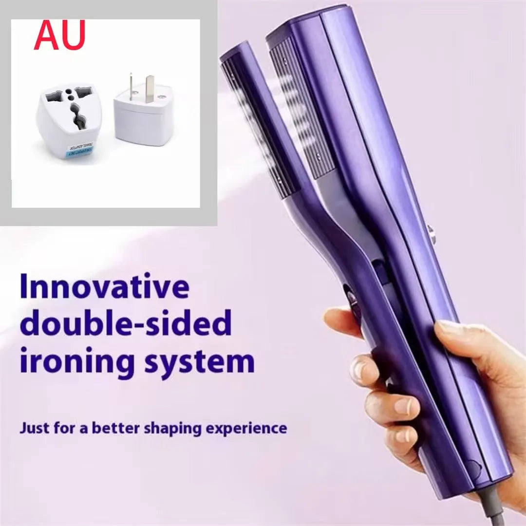 Handheld garment steamer with plastic housing showing steam control buttons and UK plug