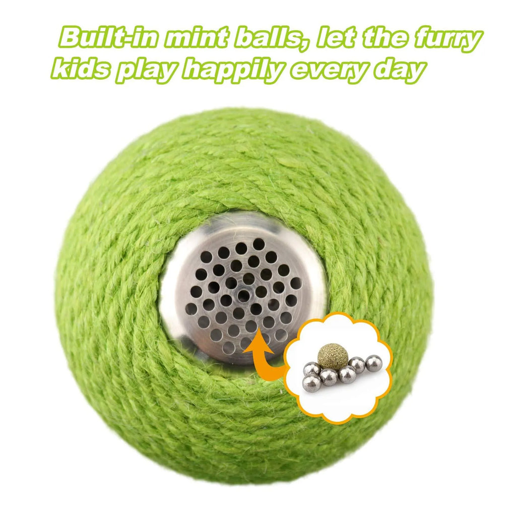 Green cactus-shaped cat scratcher tower with integrated tumbler ball and natural sisal scratching surfaces