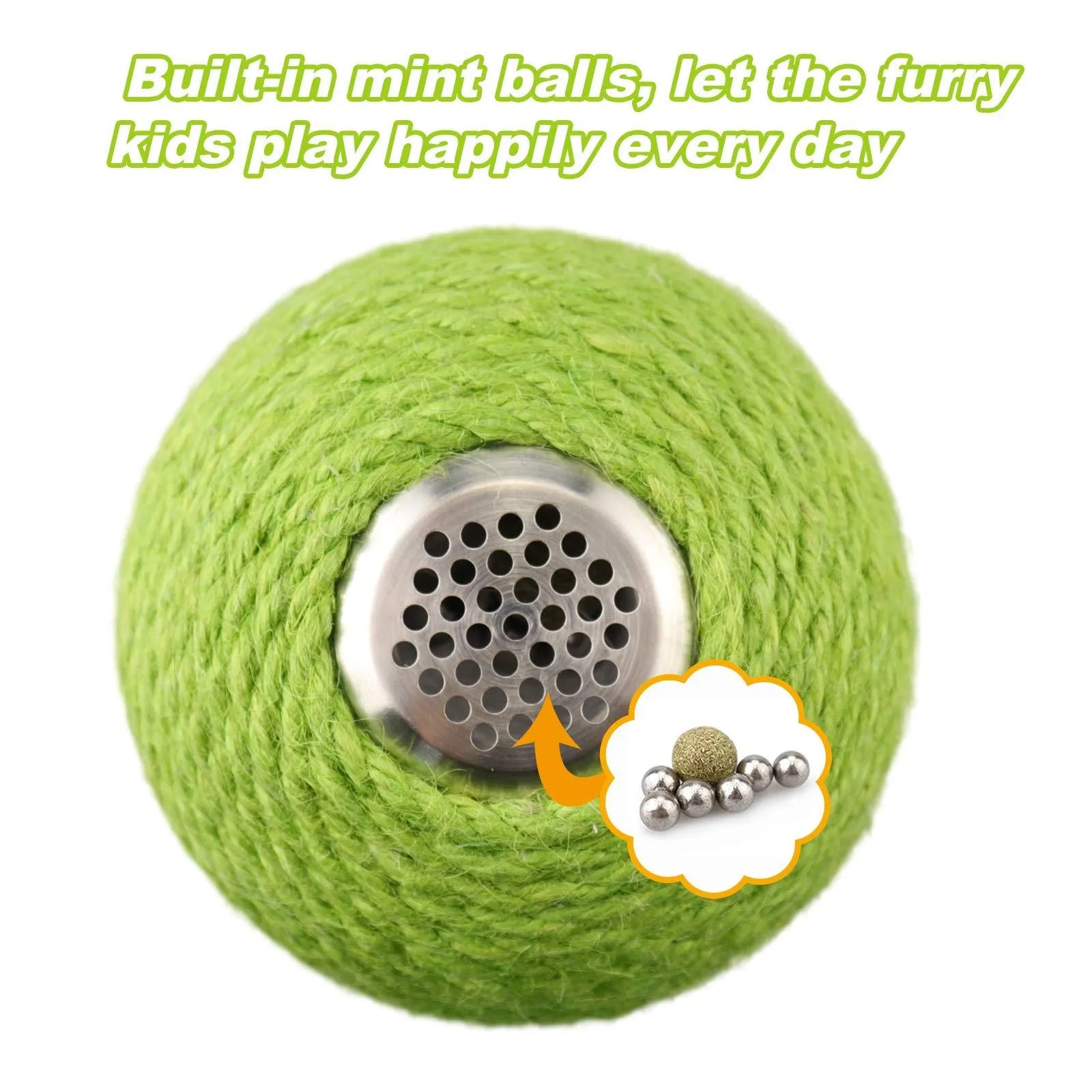 Green cactus-shaped cat scratcher tower with integrated tumbler ball and natural sisal scratching surfaces