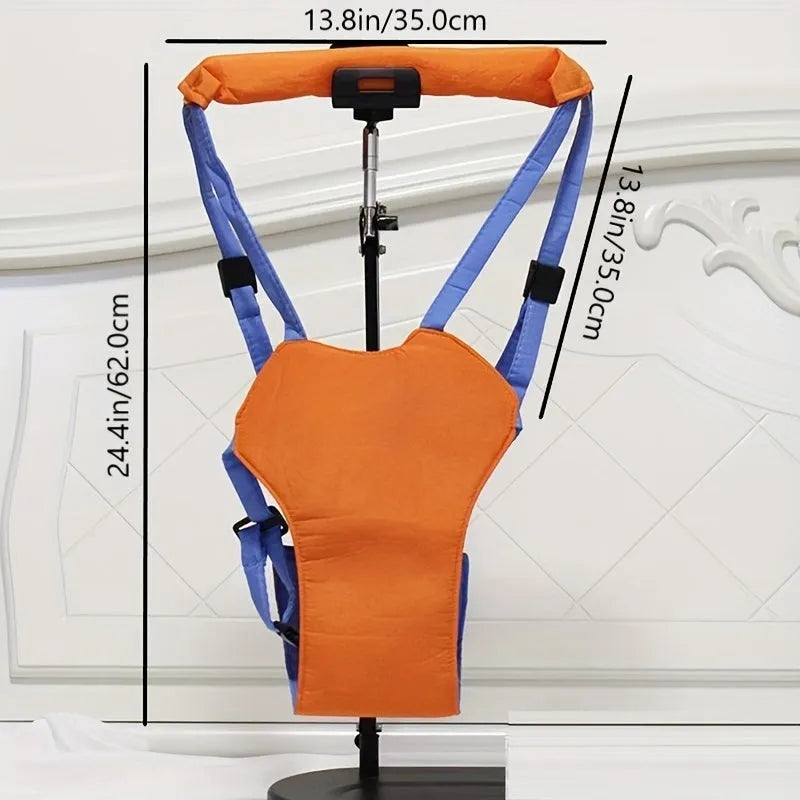 Baby toddler walking harness in orange and blue with adjustable strap and plastic locks