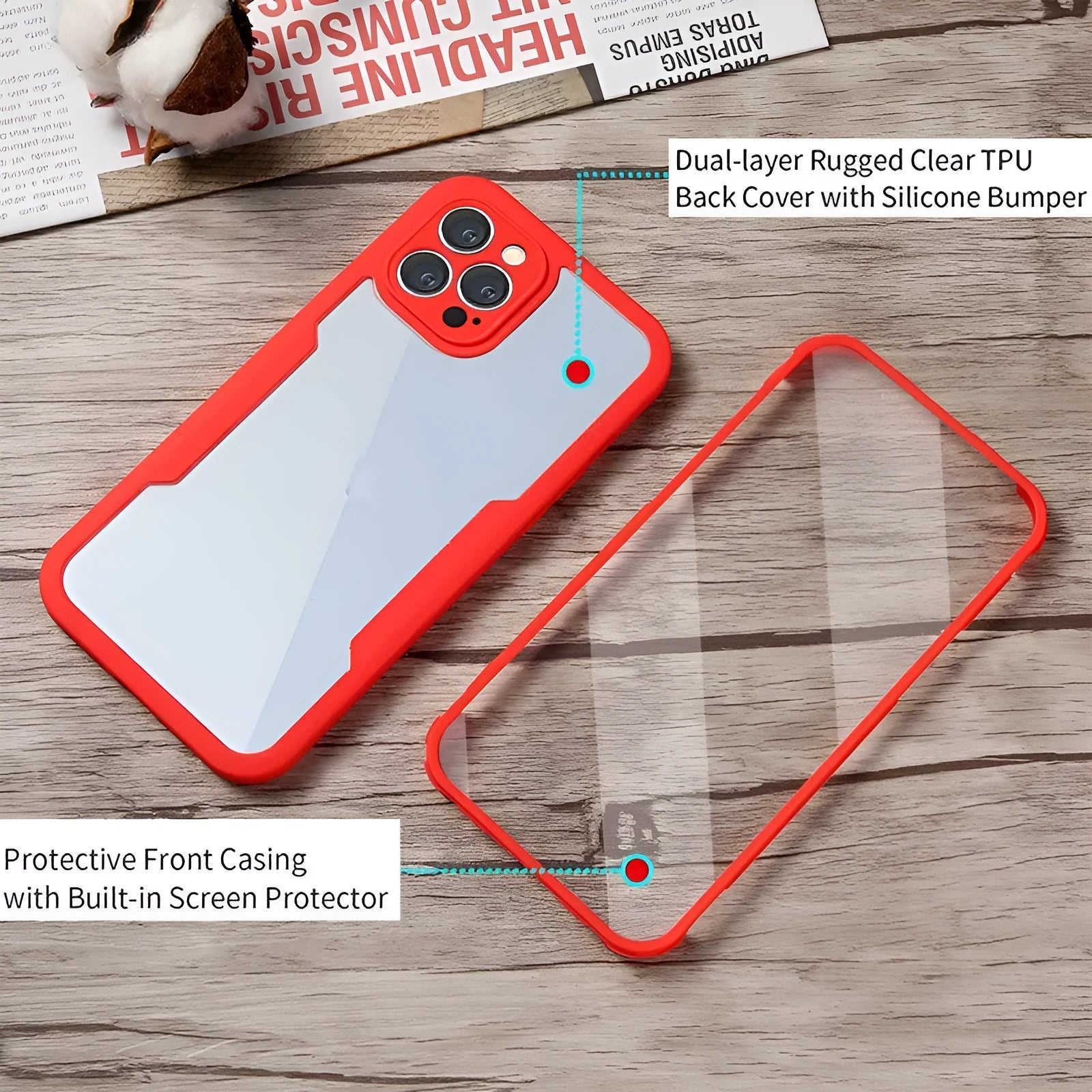 TPU full front and back protective case for iPhone in multiple colours including black, blue, red, pink, green, and purple.