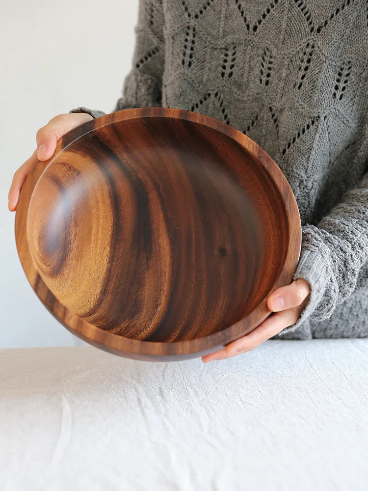 Brown wooden bowl set with natural grain, Japanese design, multiple sizes for kitchen serving