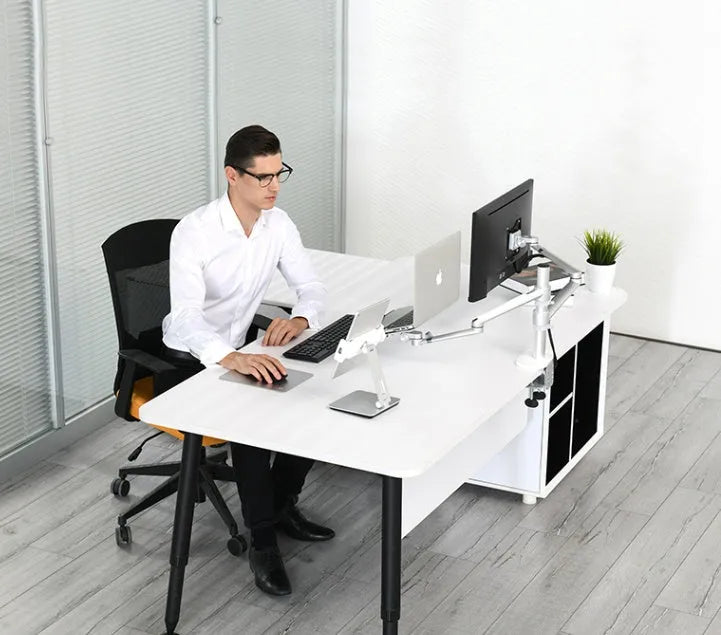 Foldable aluminium desktop stand holding a tablet at an angle.