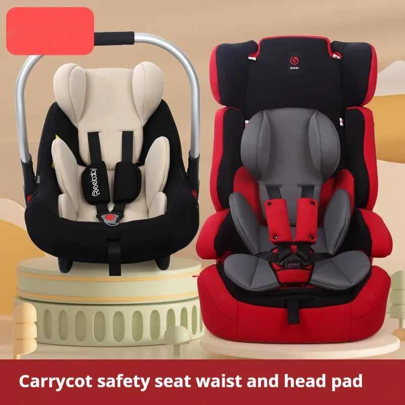 Children's safety seat cushion with waist support and head protection pad in knitted fabric and sponge, shown in assorted colours.