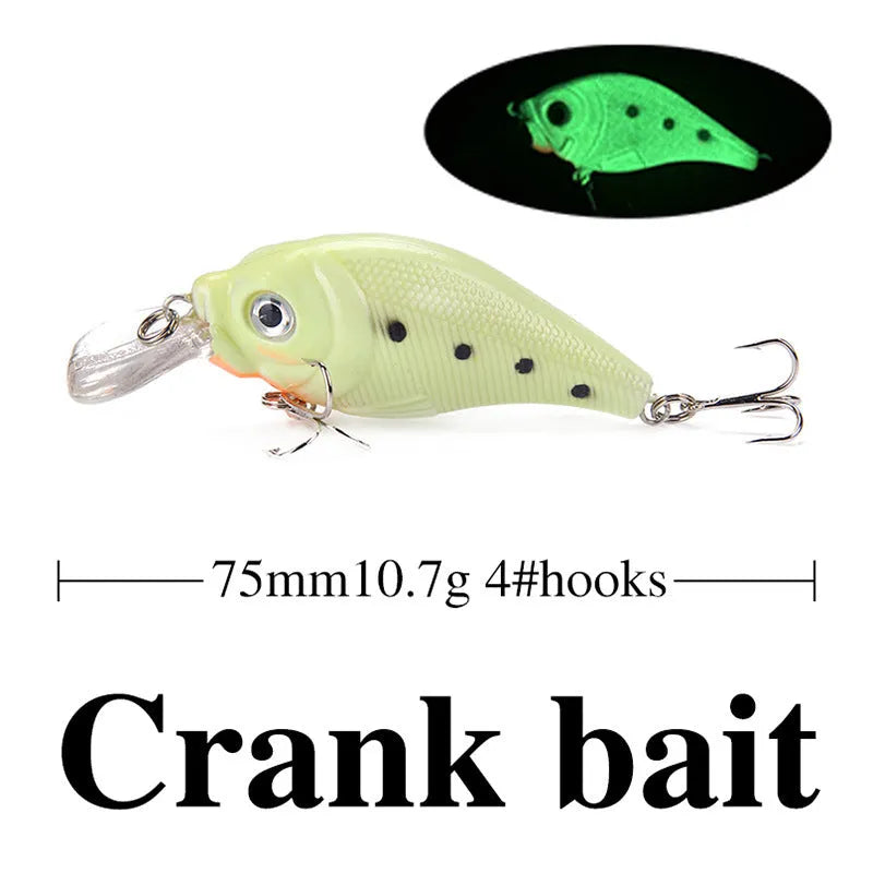 Set of five 3D fluorescent hard fishing lures with luminous finishes in assorted colours