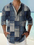 A man's long-sleeve striped Hawaiian shirt on a hanger, shown in a lilac colour.
