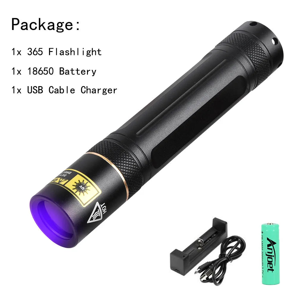 365nm UV fluorescence detection flashlight with aluminium alloy housing and 18650 battery options