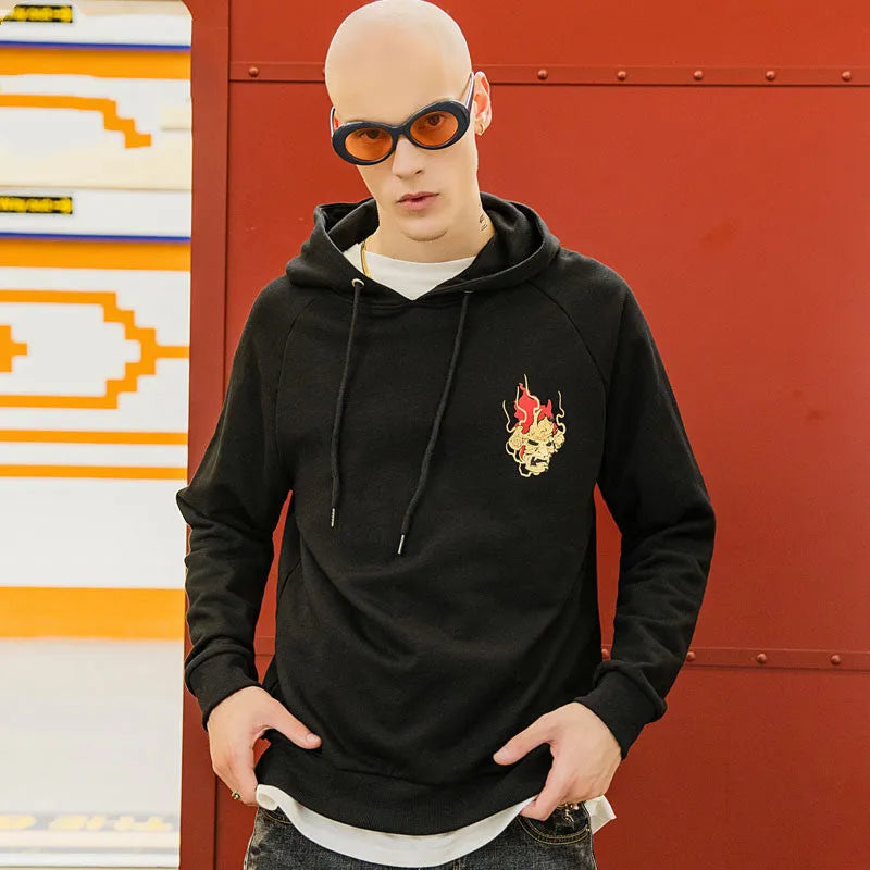 Lovers hooded hoodie in black with funny pattern, slim fit, seven-minute sleeves, youth fashion style