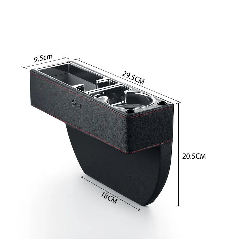 Car seat gap storage box in leather and plastic, filled gap organiser, available in black brown or apricot