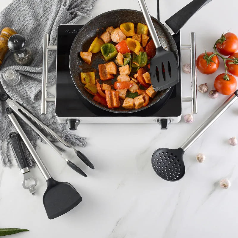 Black silicone spatula and spoon kitchen utensil set with stainless steel handles, 16 pieces