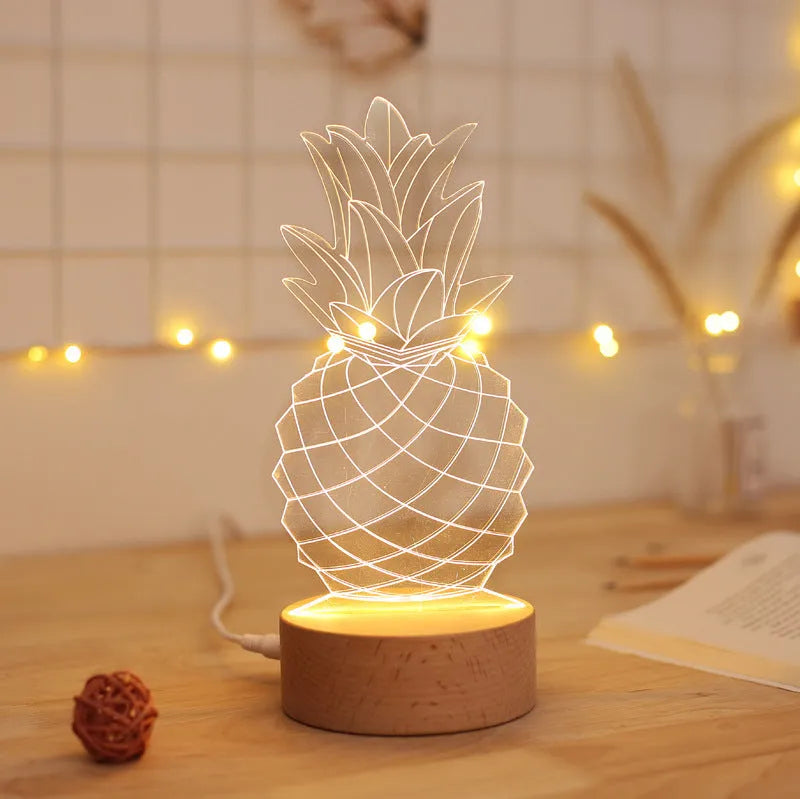 Cartoon pineapple-shaped night light on a wooden base with USB cable and dimmer switch.