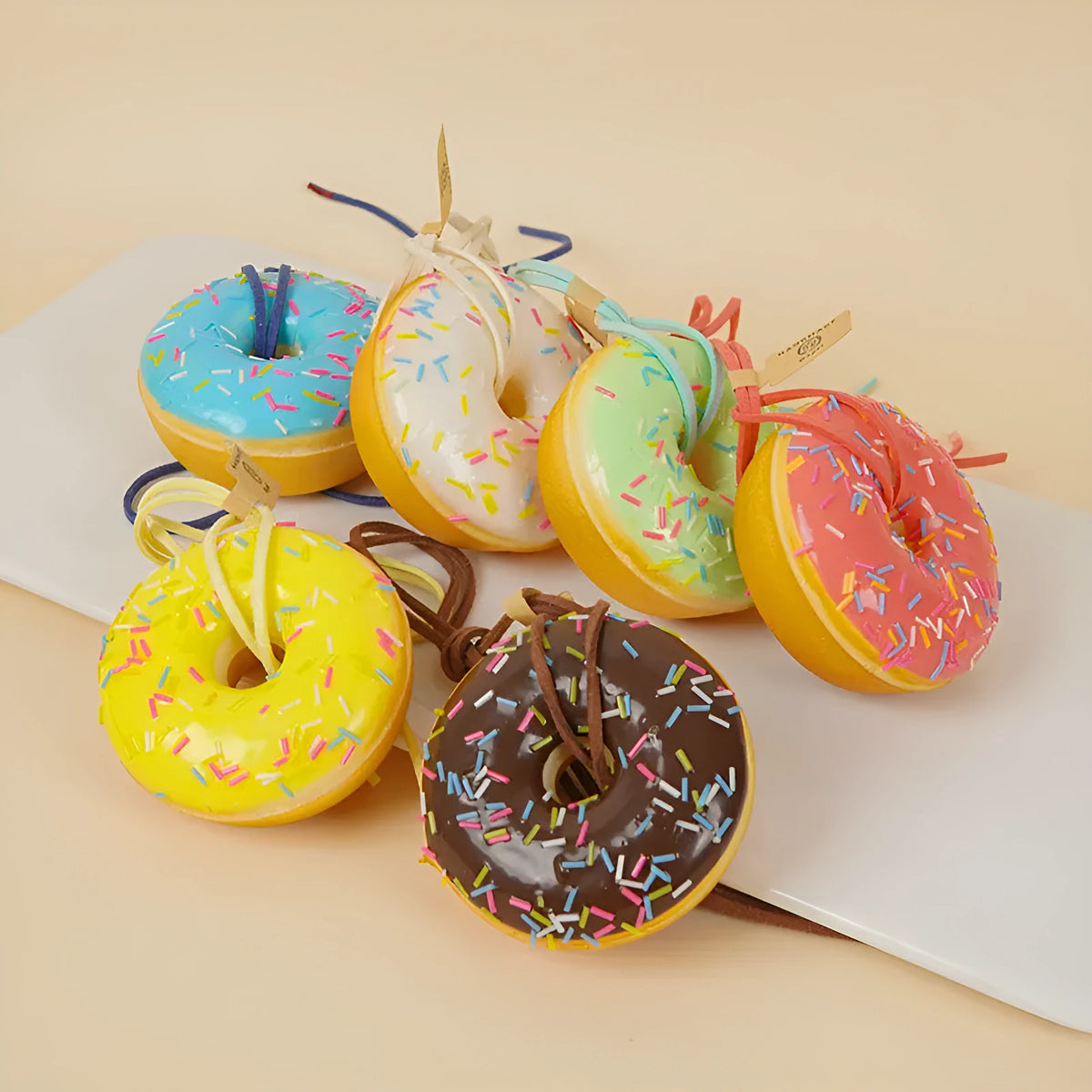 Doughnut decompression toy pendant, PU, 3.5cm thick, with lanyard, in white blue brown yellow green pink red