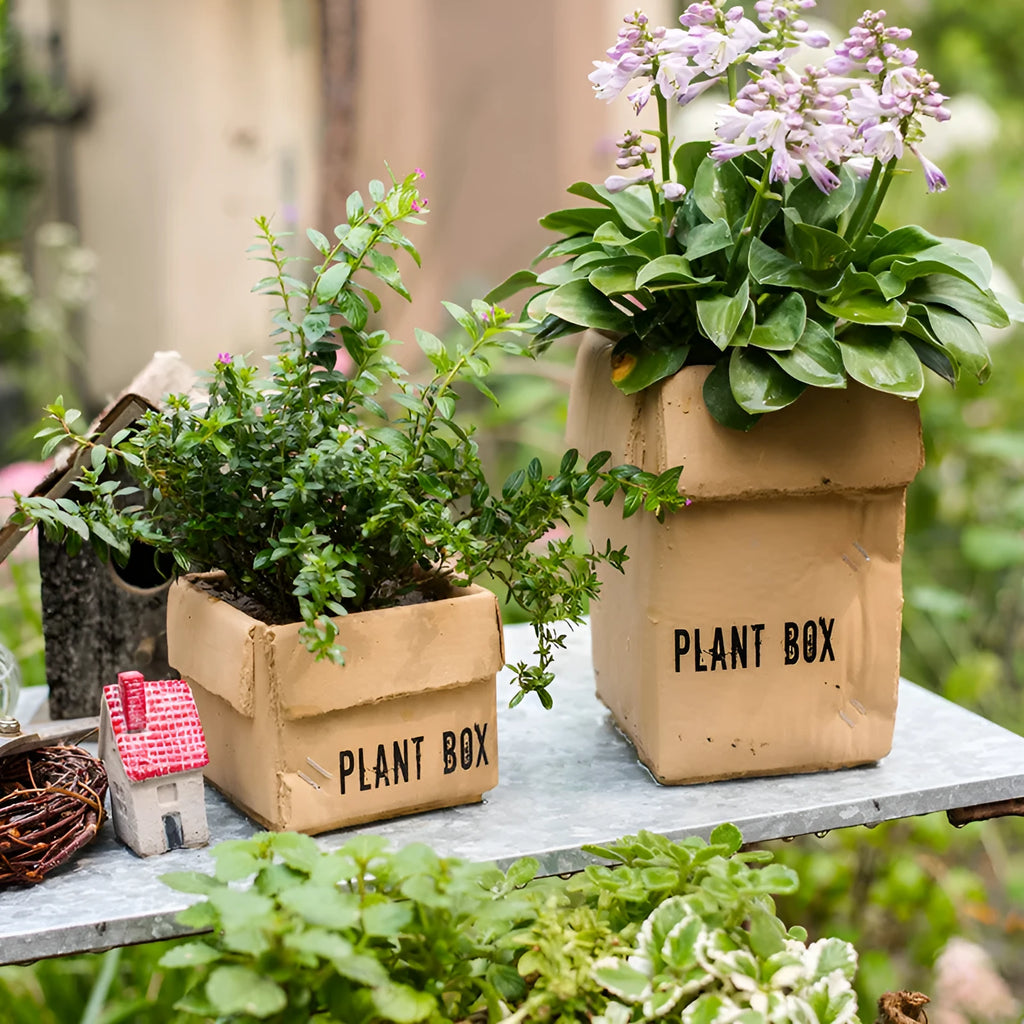 Cement brown paper box design flower pot with bottom drainage holes on a table.