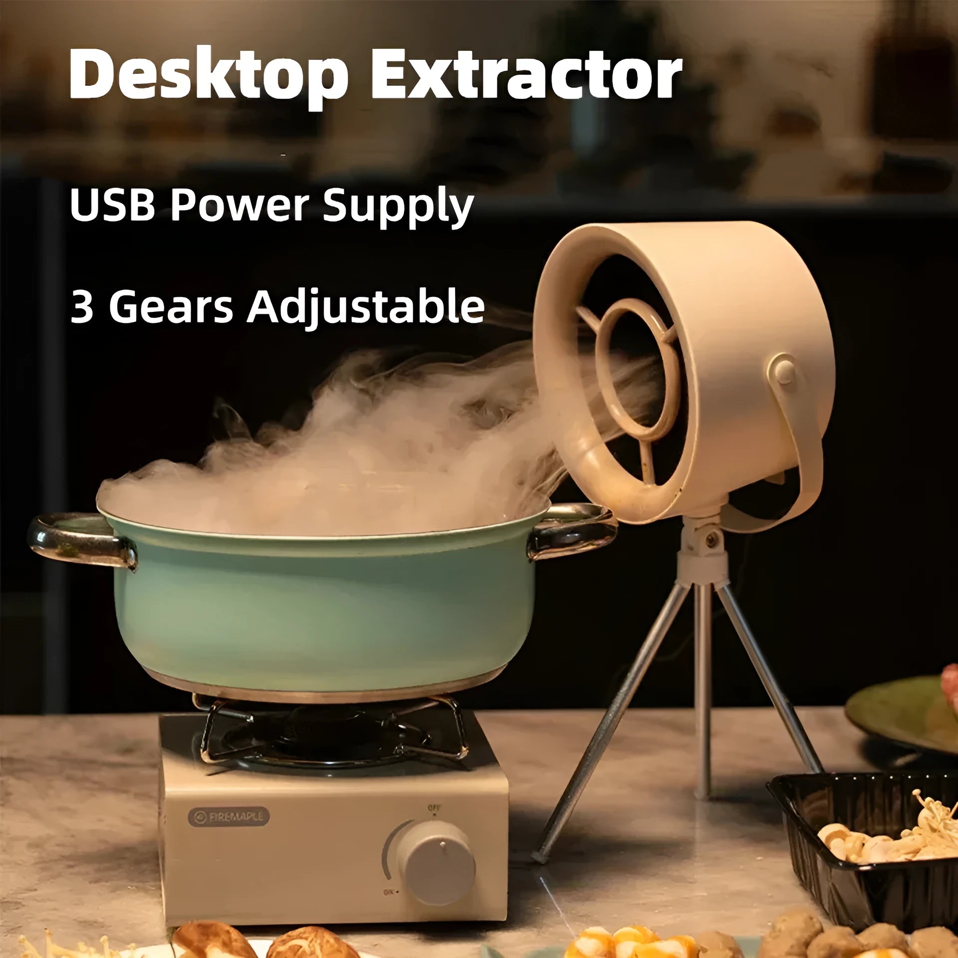 Milky white portable USB desktop exhaust fan with tripod stand and removable filter screen.