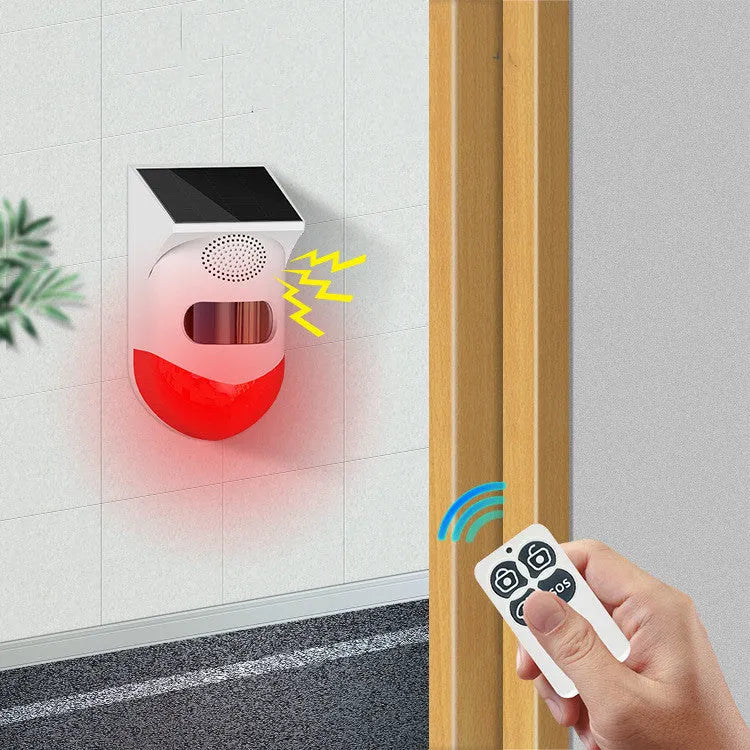 Outdoor wall-mounted solar infrared security alarm with GSM notification for perimeter detection.