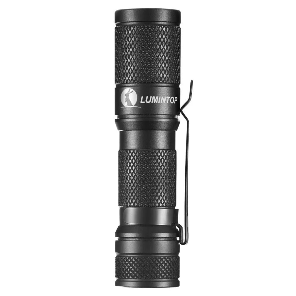 Black Lumintop Tool AA 2.0 compact keychain flashlight with magnetic tail cap on a keyring.