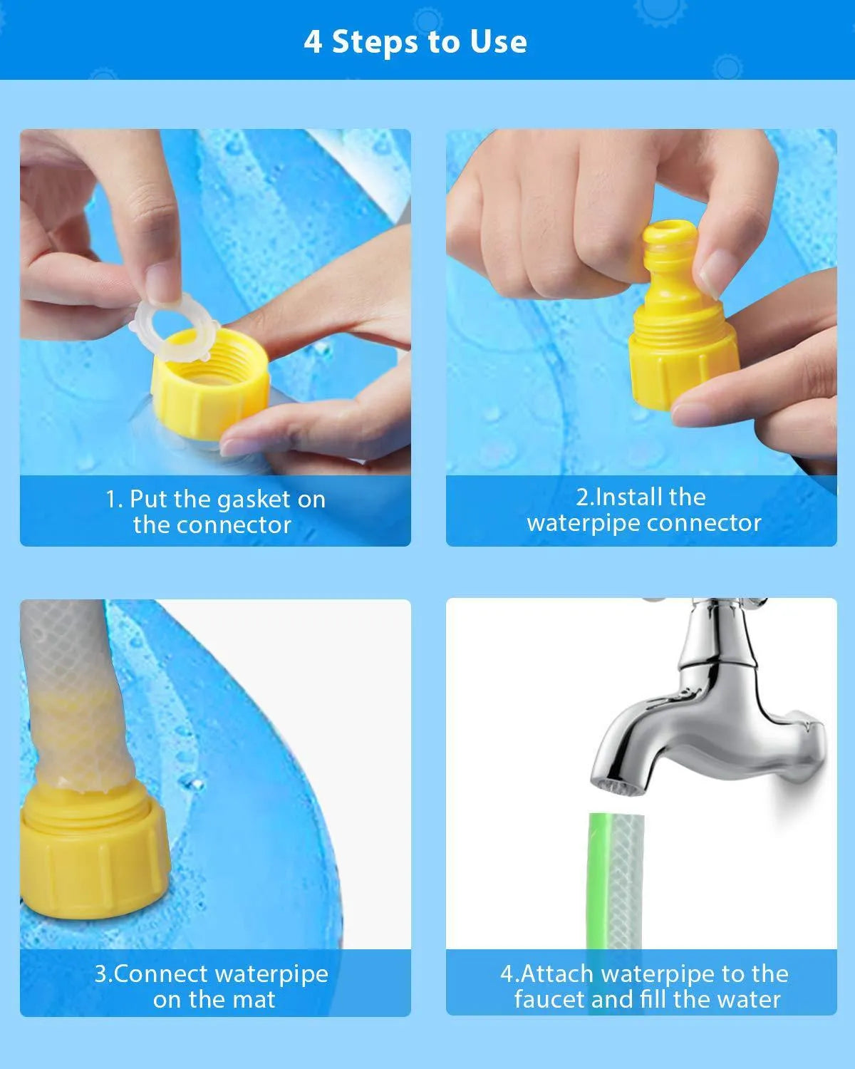 Blue children's water spray mat with marine animals laid on grass, connected to a garden hose.