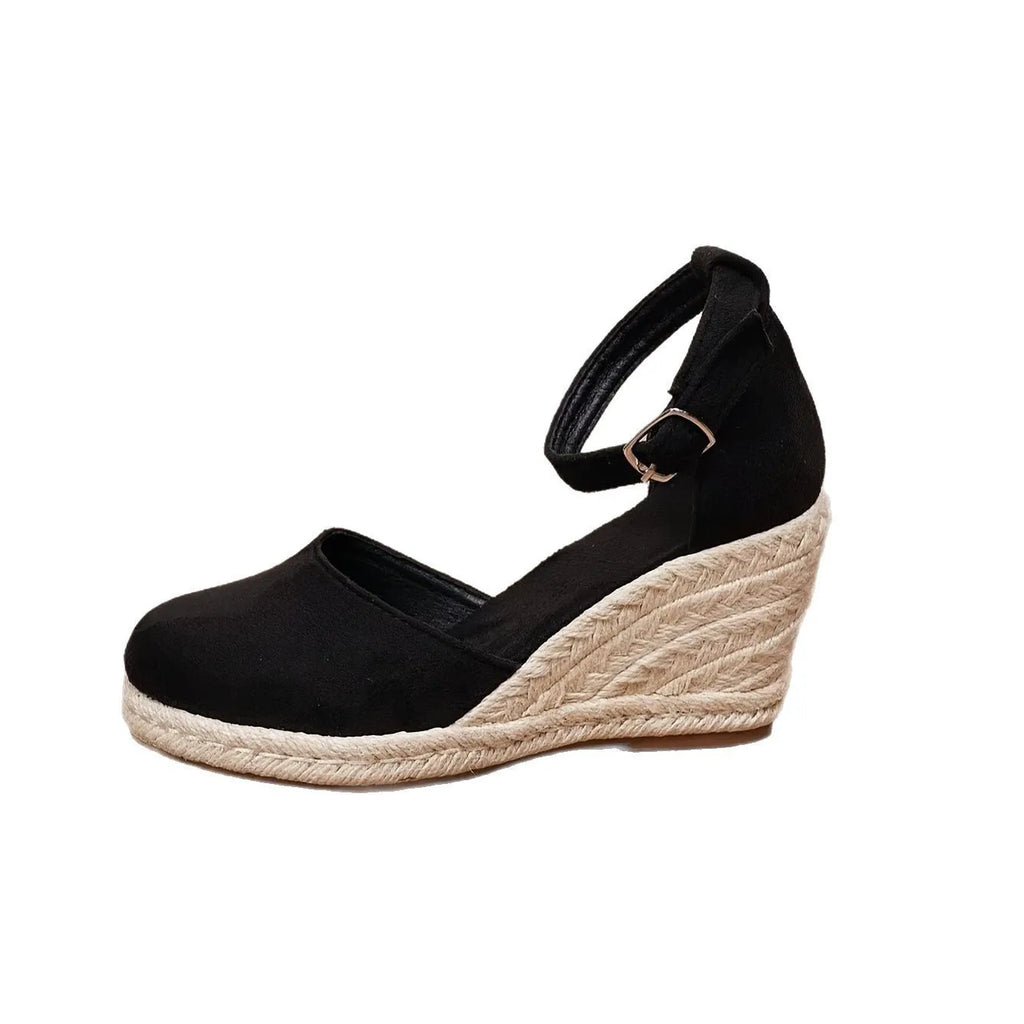 Women's apricot suede wedge sandals with buckle fastening and rubber sole