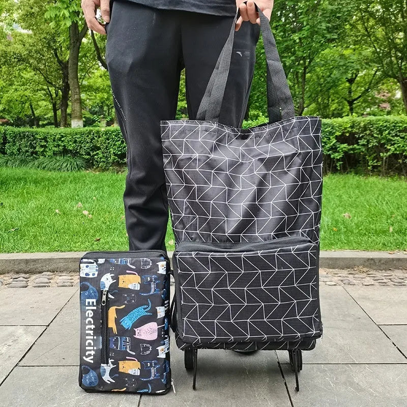 Folding shopping cart trolley bag with stainless steel frame in Black Geometry colour