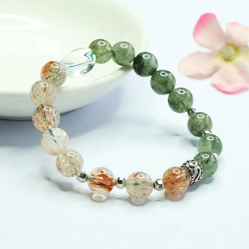 Green quartz rutilated black gold Super Seven bracelet Chinese style 8.5mm