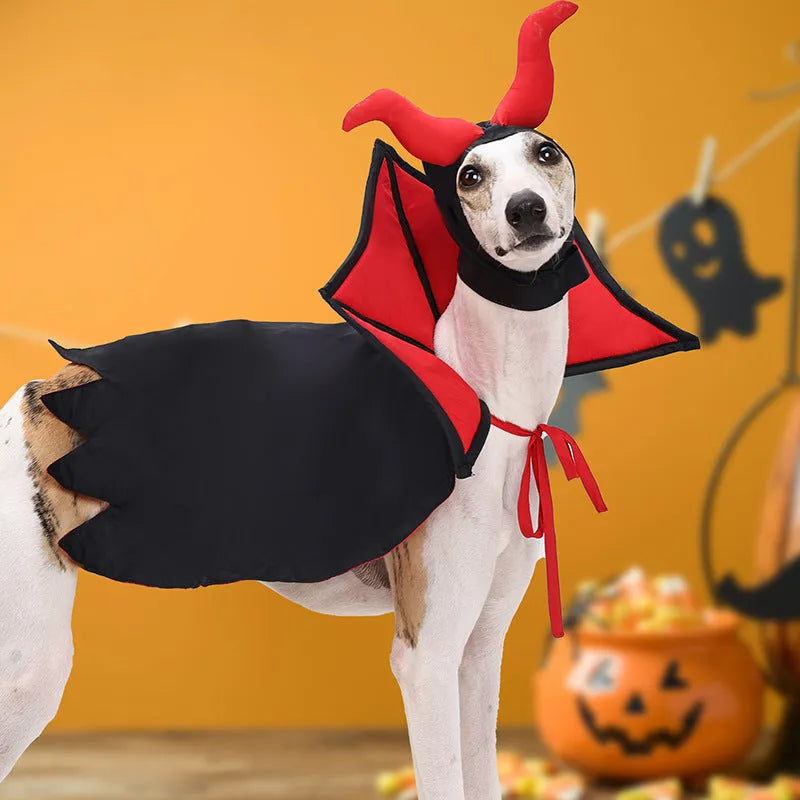 Black polyester vampire cloak and hat costume set for a dog or cat on a mannequin.