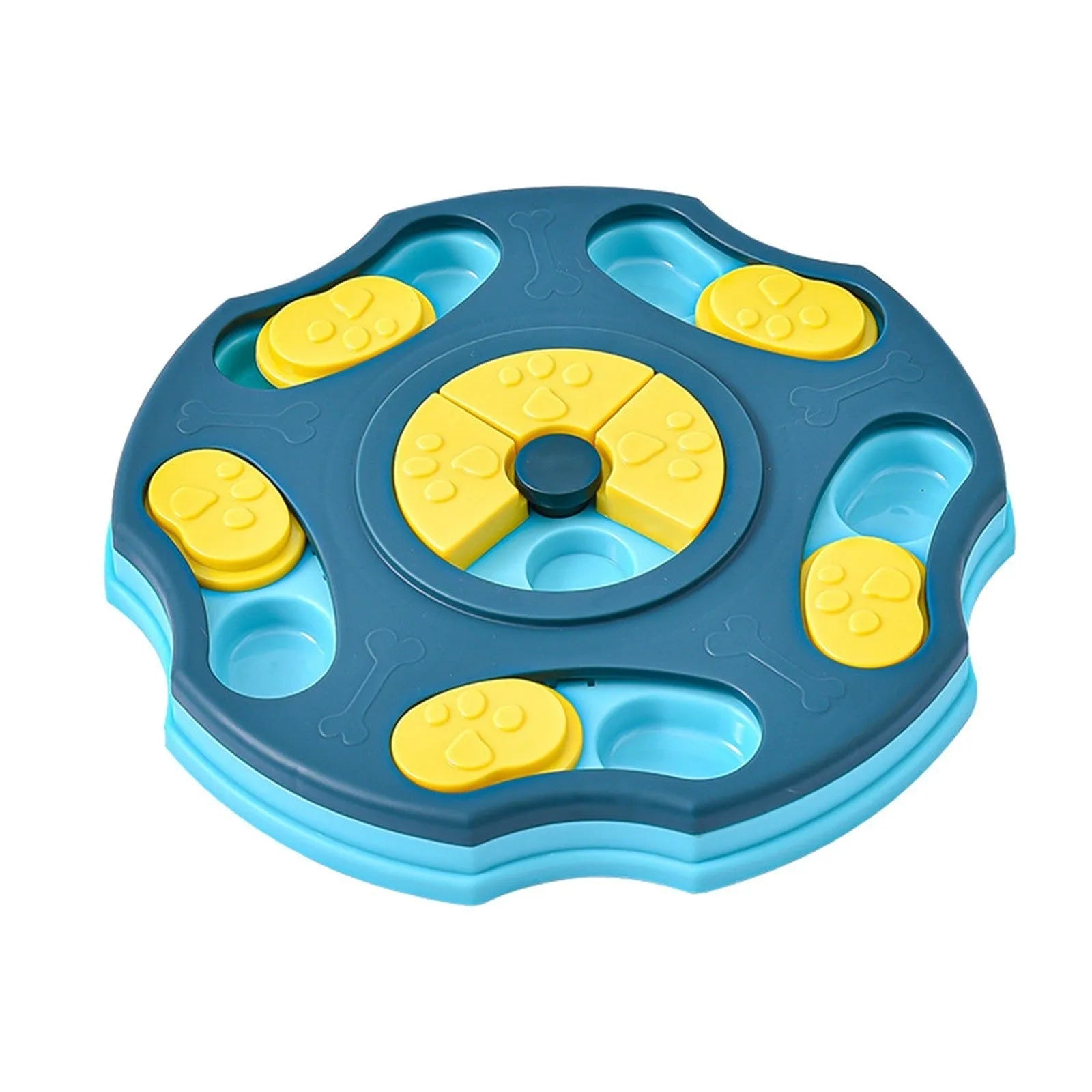 Blue plastic dog puzzle feeder toy with interactive food searching compartments for aggressive chewers