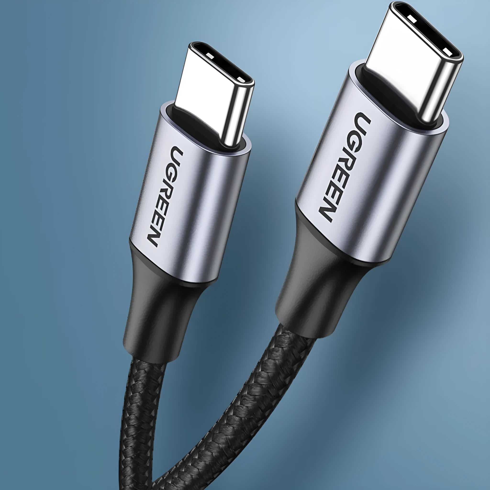 Double-ended Type-C PD fast charge cable with nylon braid, straight head split design, available in multiple lengths