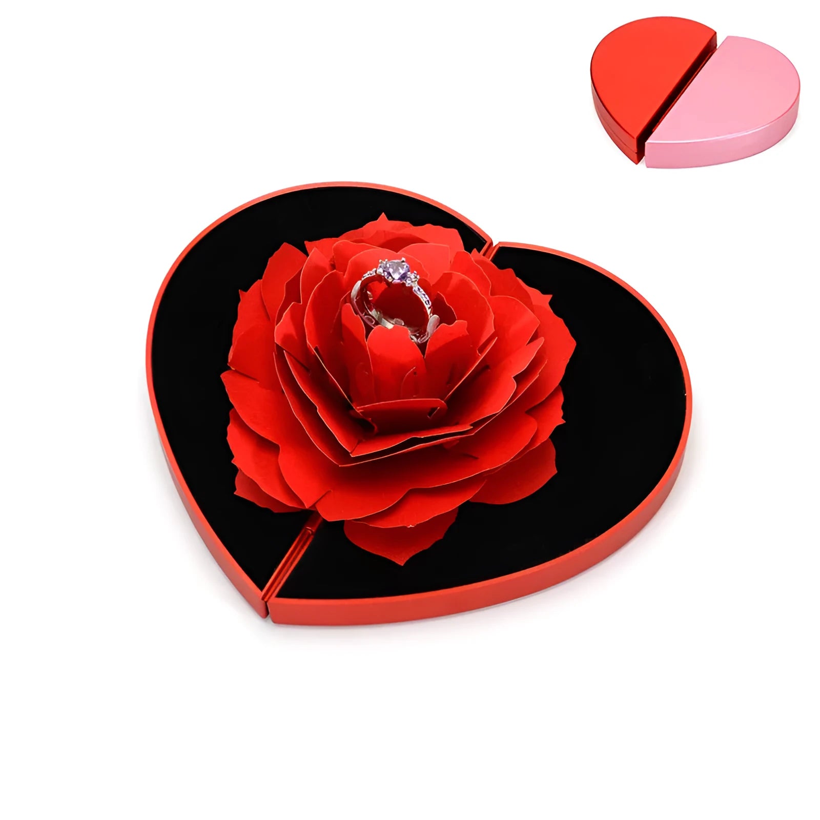 Red heart-shaped plastic ring box with a rose design and rotating 3D love text in the centre.