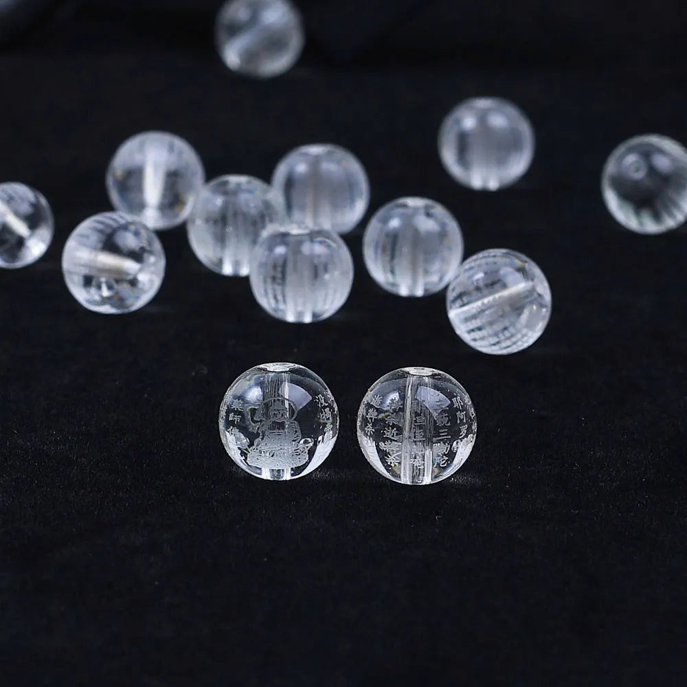 10mm glass prayer beads engraved with Heart Sutra text for Buddhist meditation
