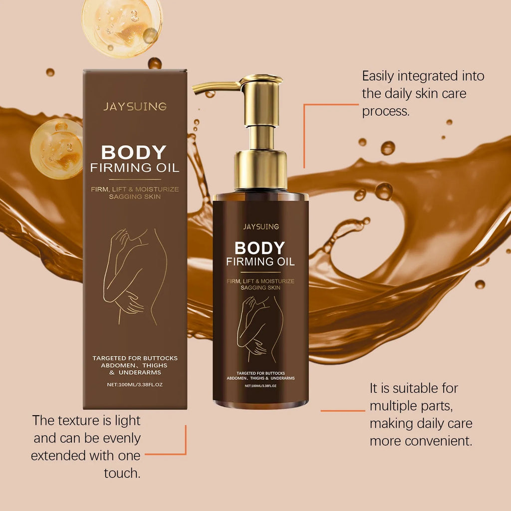 100ml bottle of nourishing and firming body oil with seven ingredients including hyaluronic acid