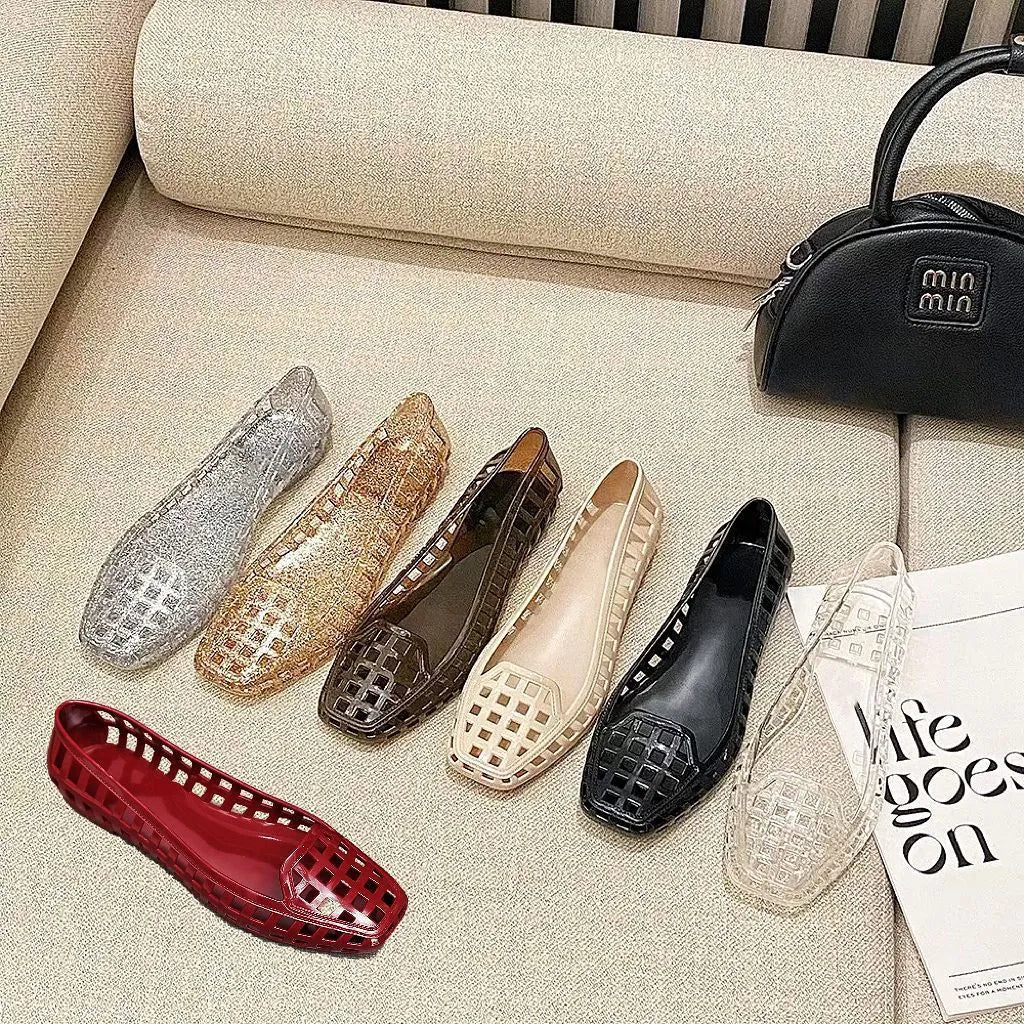 PVC gel square toe outdoor slippers in multiple colours with visible sole construction