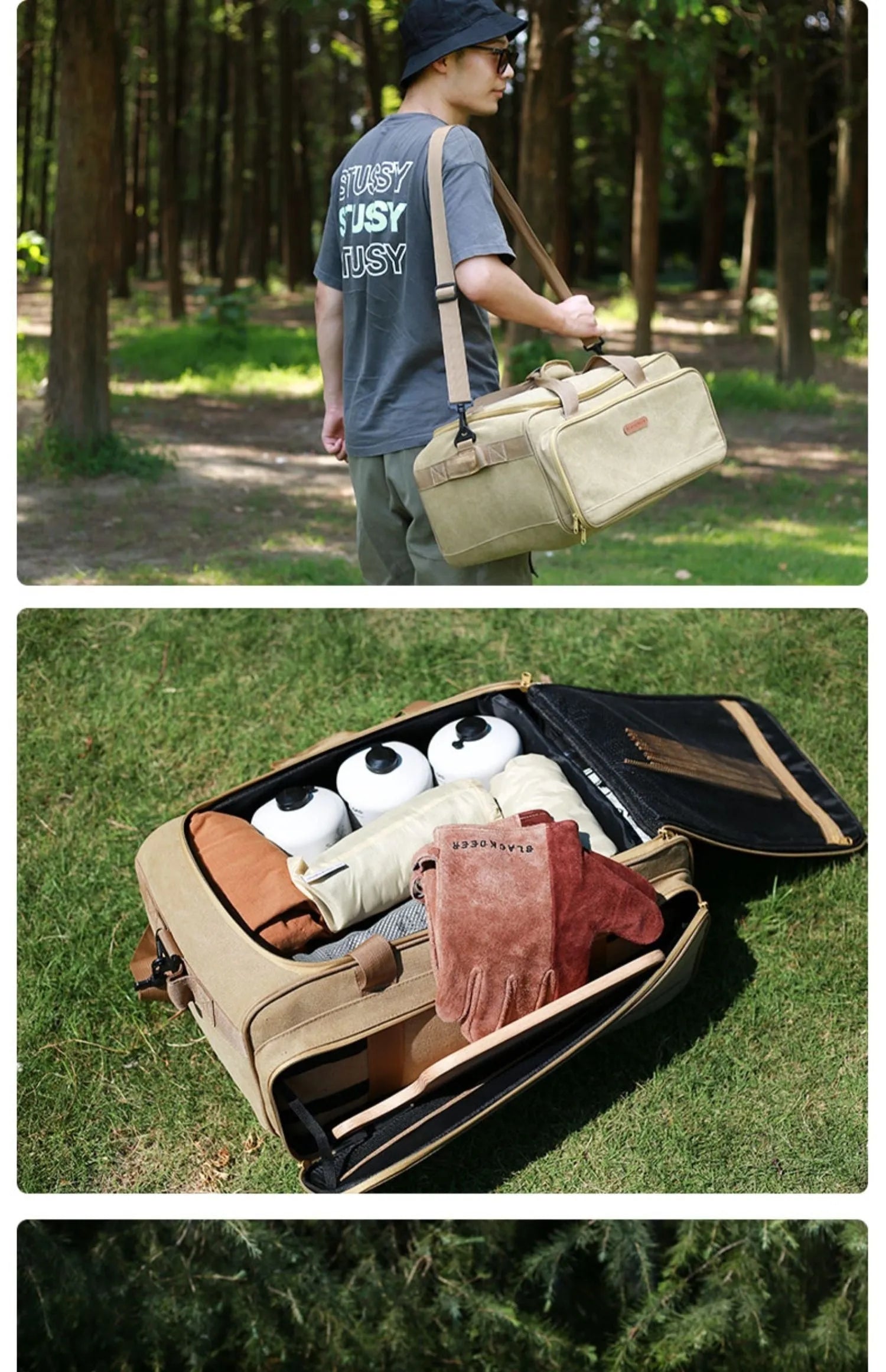 Oxford cloth camping cookware storage bag shown in two sizes, 16 litre and 35 litre, for portable stoves.
