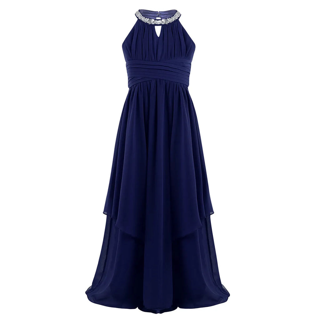 Girls princess dress in polyester, available in wine red, pink, white, purple and navy blue, height sizes 110cm to 160cm