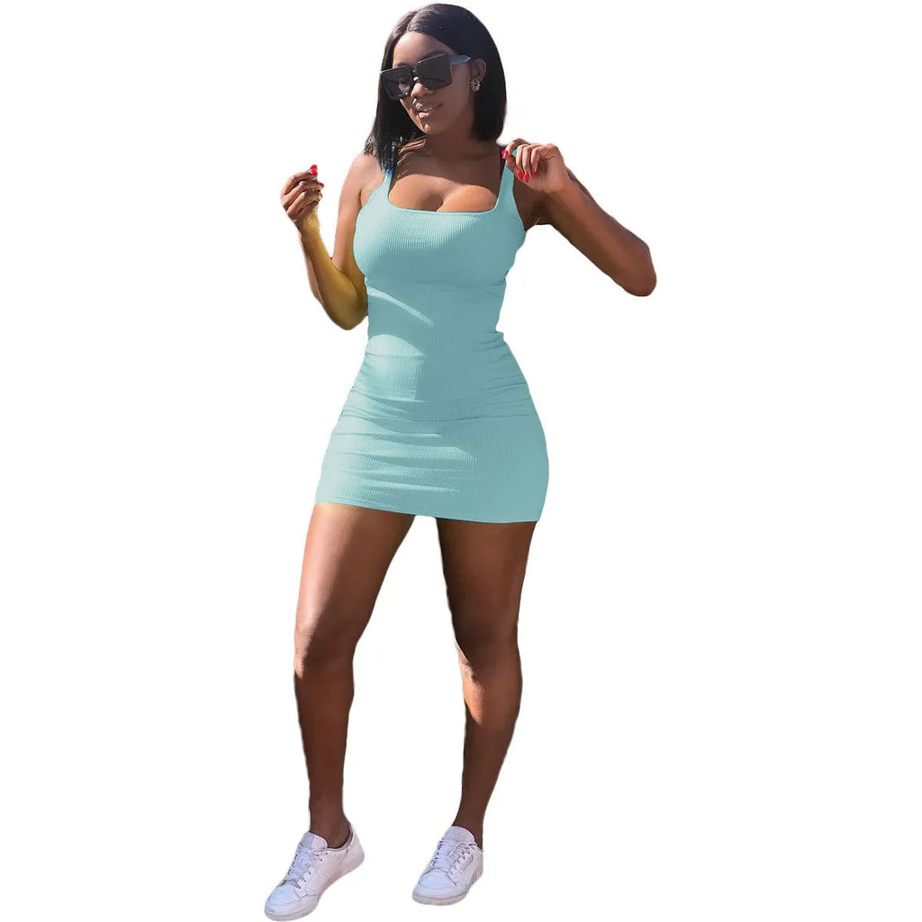 Women's casual slim fit dress with U-neck and sunken stripe strap design in a choice of colours.