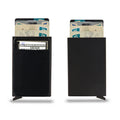 Frosted aluminium alloy credit card holder in multiple colour options showing its slim profile.
