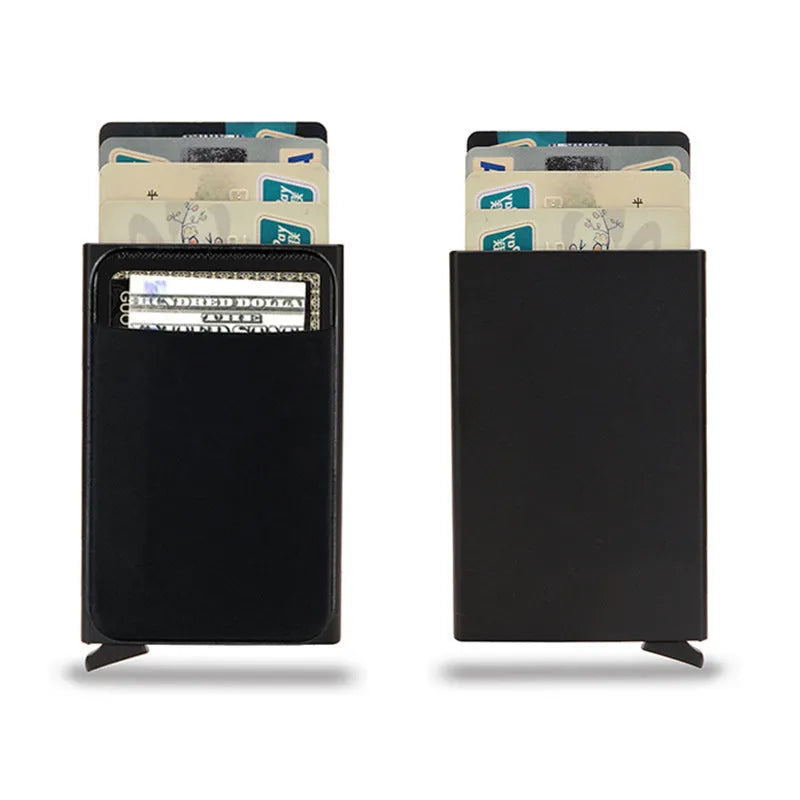 Frosted aluminium alloy credit card holder in multiple colour options showing its slim profile.