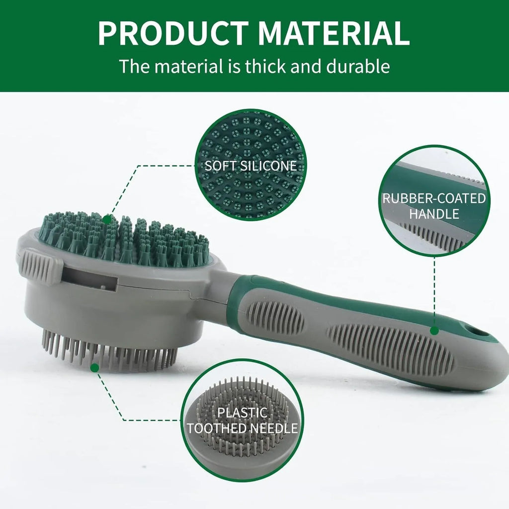 Green and pink dual-sided cat and dog brush with slicker comb and silicone massage head.