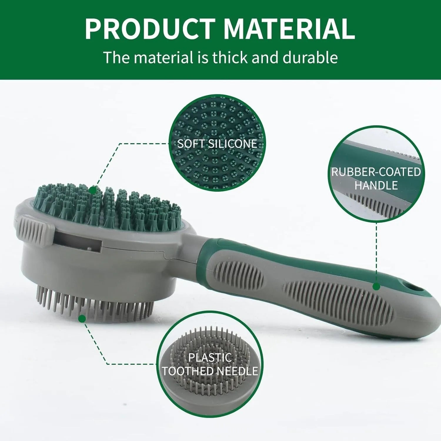 Green and pink dual-sided cat and dog brush with slicker comb and silicone massage head.