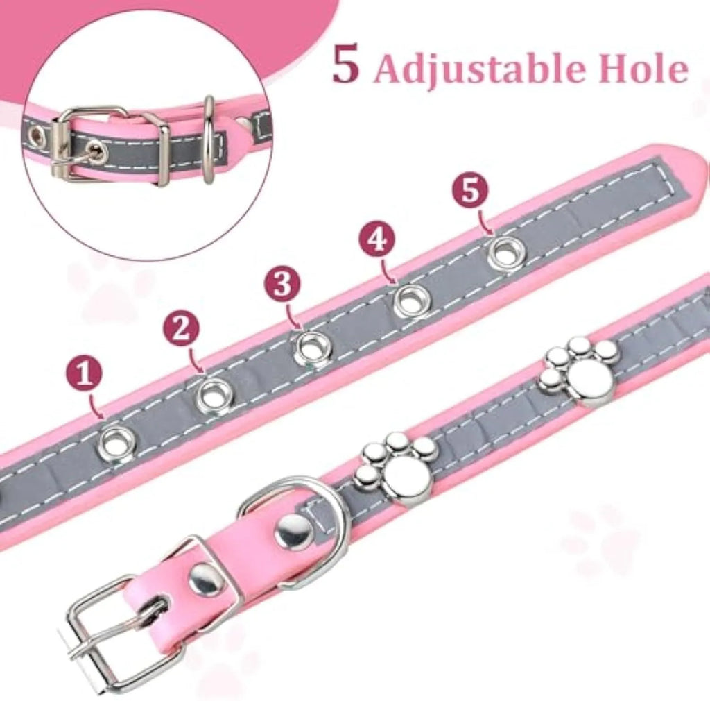Adjustable PU leather dog collar with reflective stitching and a metal paw-shaped rivet.