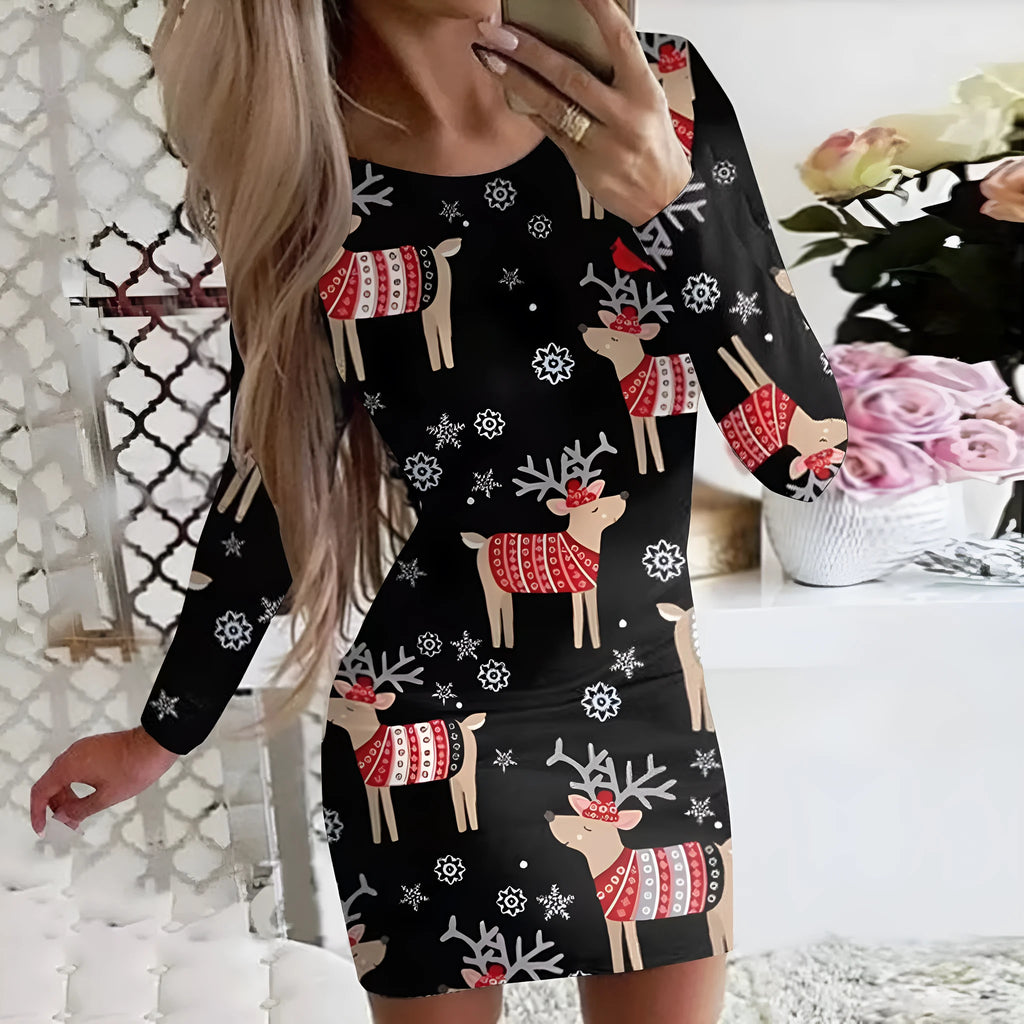 Christmas animal print narrow dress in floral colours with hip skirt and regular sleeves