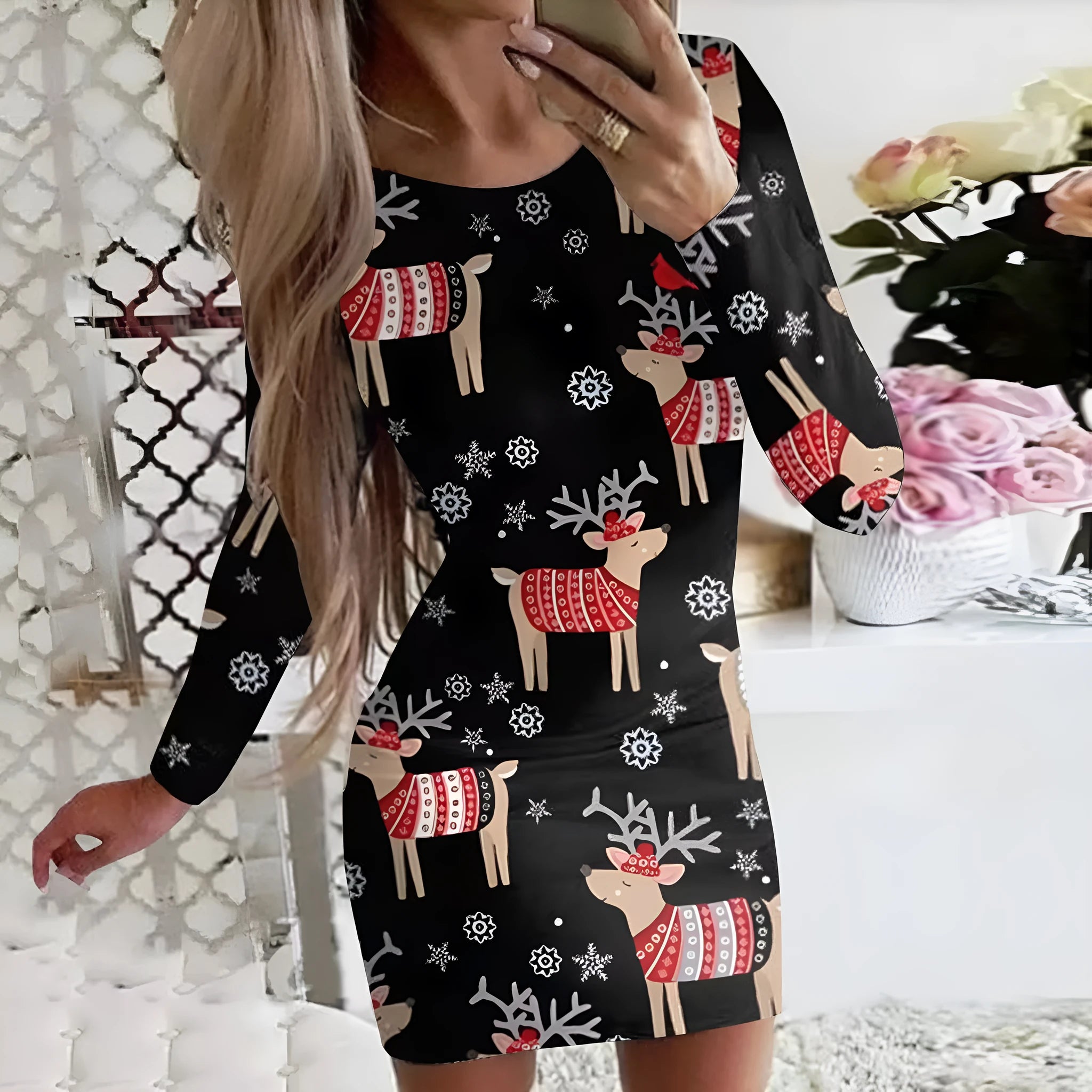 Christmas animal print narrow dress in floral colours with hip skirt and regular sleeves