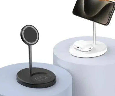 White vertical wireless charging station with cooling holes and smartphone in charging position