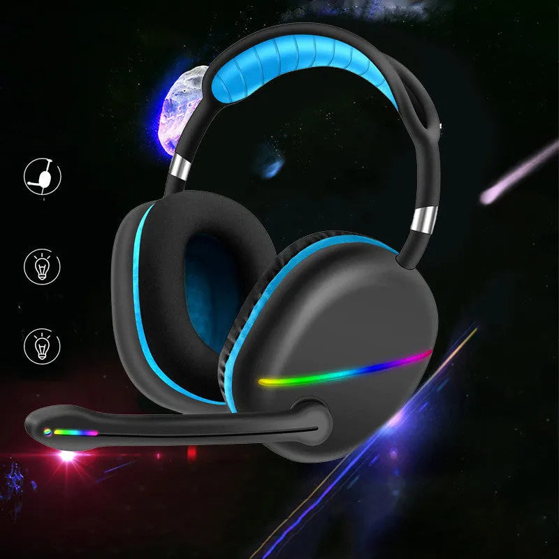 Blue wireless Bluetooth gaming headset with illuminated RGB lights on the earcups