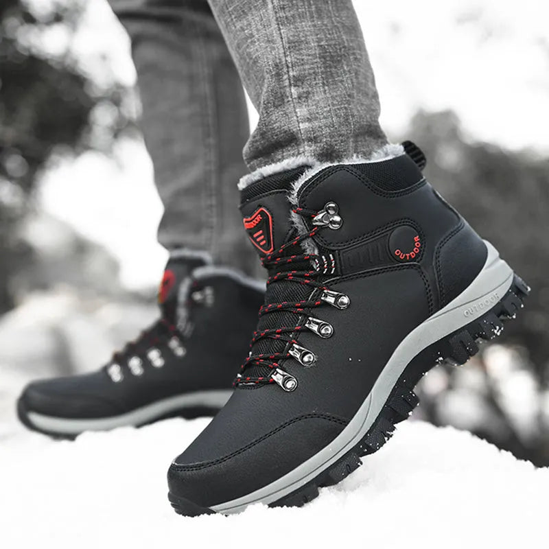 Men's winter snow boots in black, grey, or khaki with plush lining, lace-up front, and TPR sole.