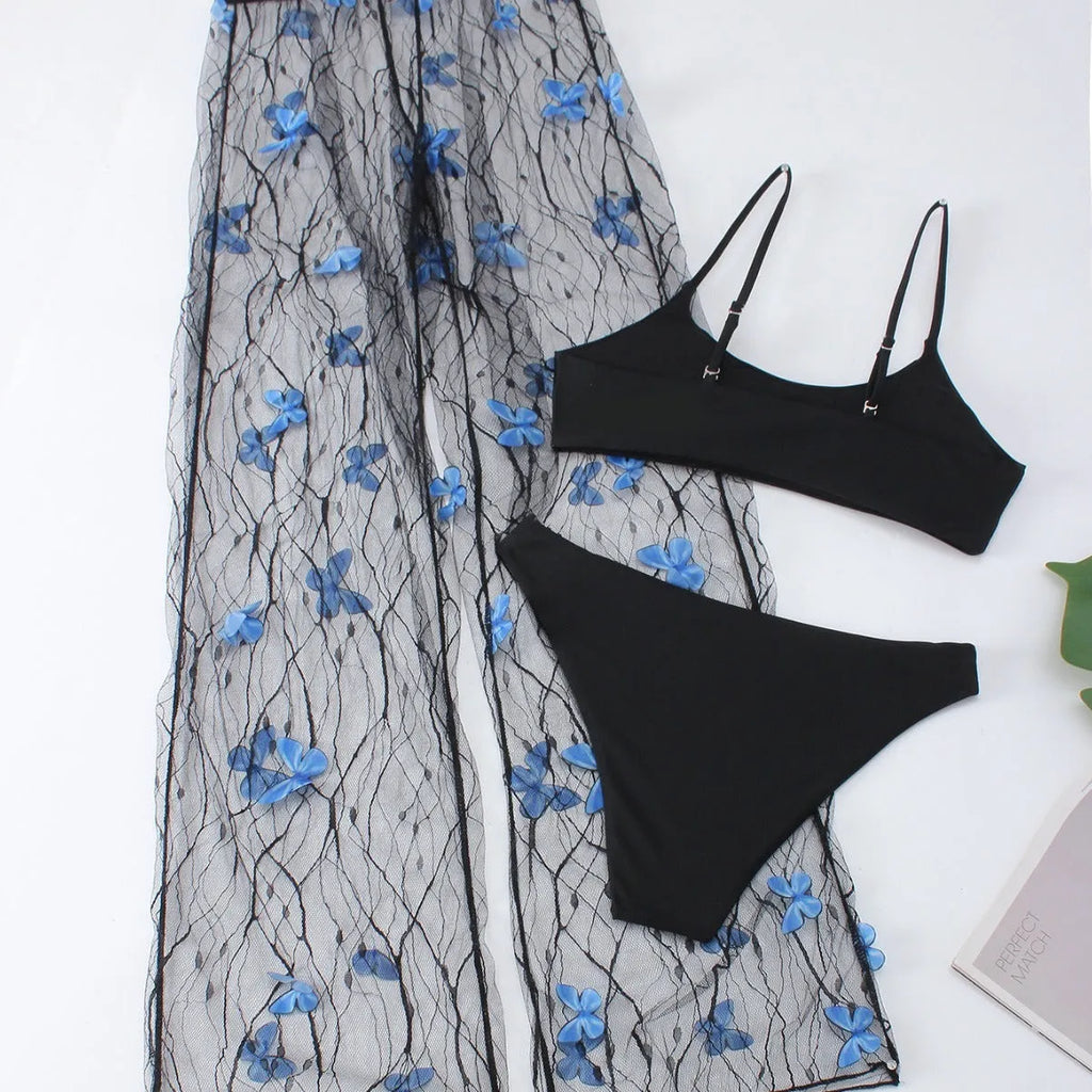 Black women's bikini three-piece set with butterfly print on transparent voile fabric