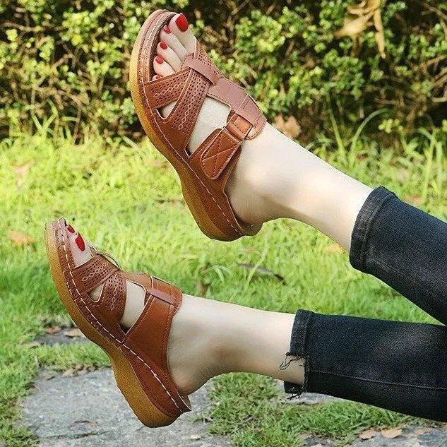 Women's wedge sandals with peep toe design and Velcro strap fastening