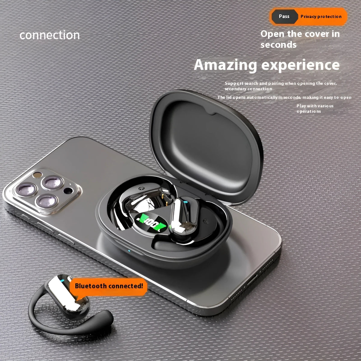 Q16S Black sports ear hook Bluetooth headset with digital display, side view of ear hook design